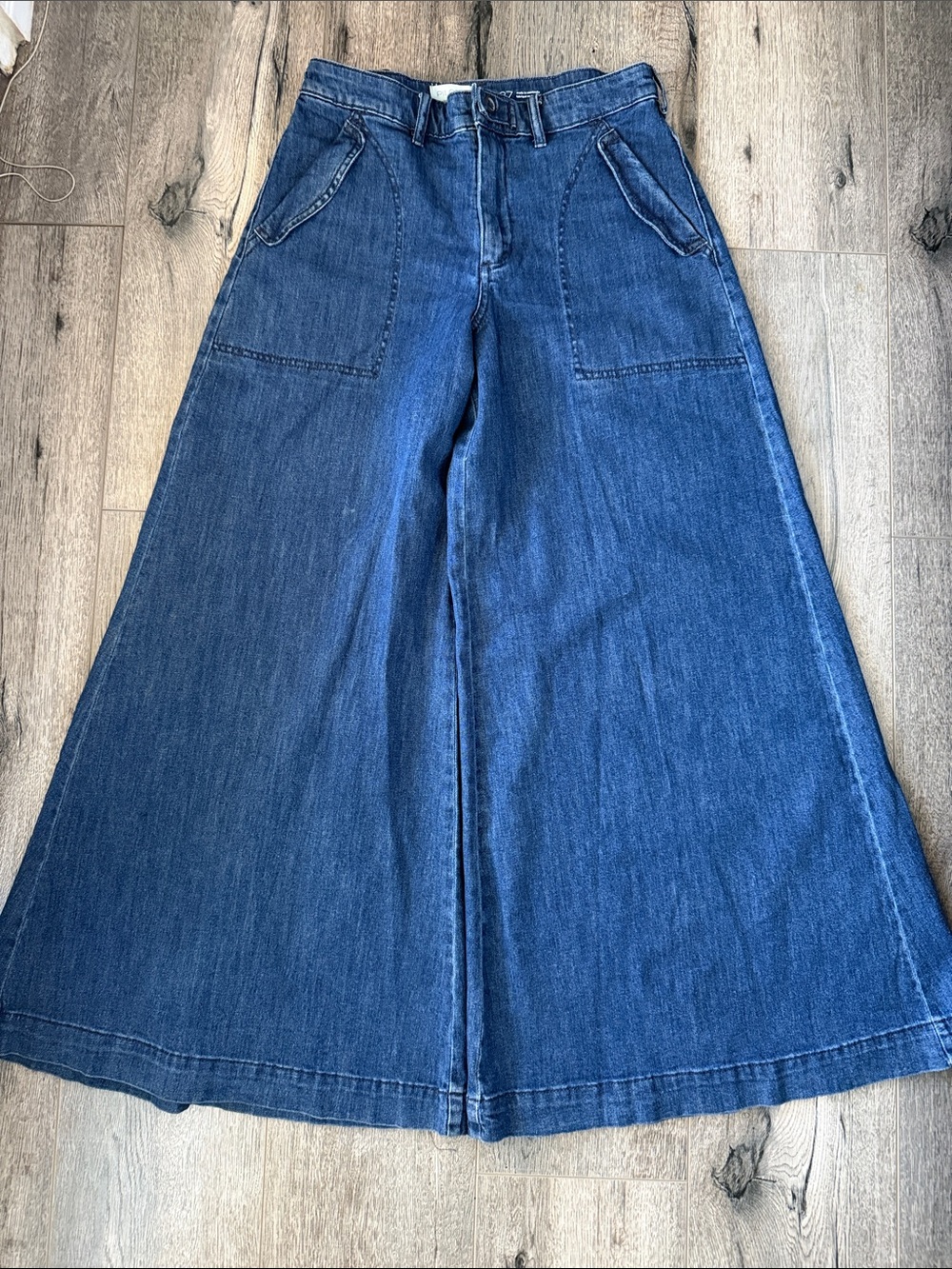 Pilcro Wide-Leg Flare Jeans in Dark Blue Denim - Picture 1 of 15